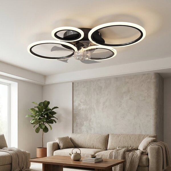 HOMCOM LED stropní ventilátor se světlem, tichý 30" (77 cm) s dálkovým ovládáním — 6 rychlostí, 3 teploty světla, DC motor, časovač — černý | Aosom