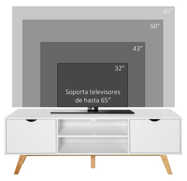 HOMCOM Moderní TV Stolek pro Televize do 65 palců s 2 Dveřmi, 2 Otevřenými Policemi a Dřevěnými Nohami 150x39x50 cm Bílý | Aosom