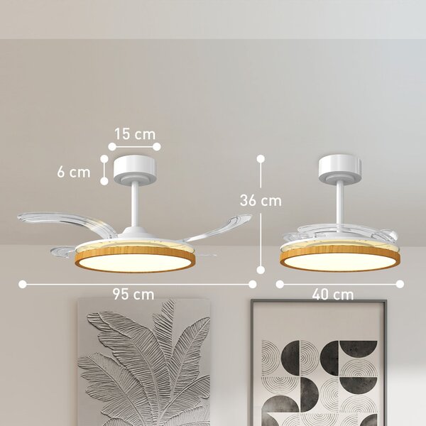HOMCOM LED stropní ventilátor se světlem, 80 W, reverzní DC motor, tichý provoz, dálkové ovládání, 6 rychlostí, 3 teploty světla, časovač, Ø95 cm, pří