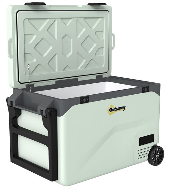 Outsunny 42,5 l přenosný elektrický chladicí box (12/24/240 V) – kompresorová lednice/mrazák, Bluetooth, LED displej, režimy ECO/MAX, madlo, držák, ko