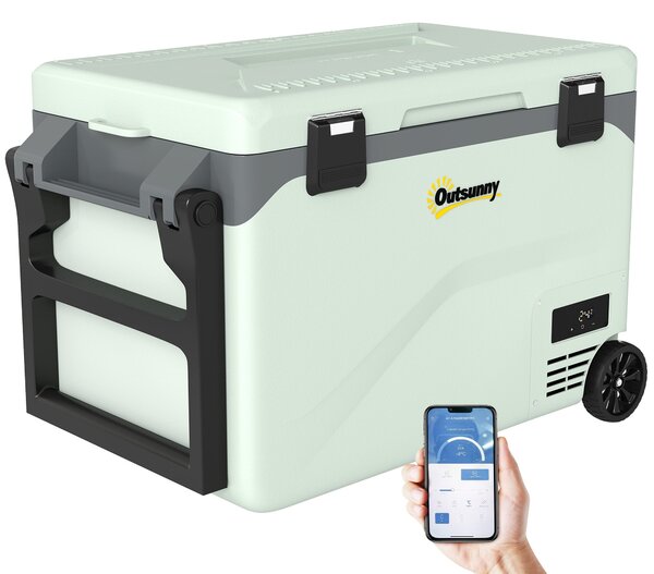 Outsunny 42,5 l přenosný elektrický chladicí box (12/24/240 V) – kompresorová lednice/mrazák, Bluetooth, LED displej, režimy ECO/MAX, madlo, držák, ko