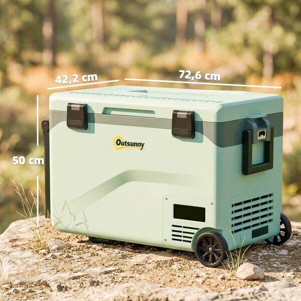 Outsunny 42,5 l přenosný elektrický chladicí box (12/24/240 V) – kompresorová lednice/mrazák, Bluetooth, LED displej, režimy ECO/MAX, madlo, držák, ko