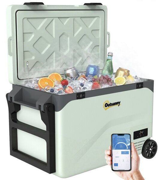 Outsunny 42,5 l přenosný elektrický chladicí box (12/24/240 V) – kompresorová lednice/mrazák, Bluetooth, LED displej, režimy ECO/MAX, madlo, držák, ko