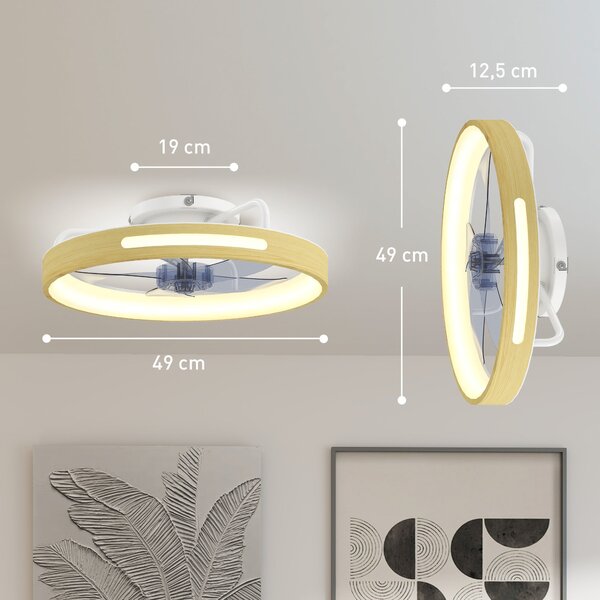 HOMCOM 49 cm LED stropní ventilátor se světlem, 40 W, reverzní DC motor, tichý chod, dálkové ovládání, 6 rychlostí, 3 teploty světla, časovač — přírod