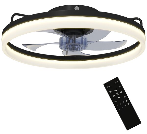 HOMCOM stropní ventilátor s LED 40 W, reverzní DC motor, tichý, dálkové ovládání, 6 rychlostí, 3 barvy světla, časovač, do obývacího pokoje, Ø50 cm, č
