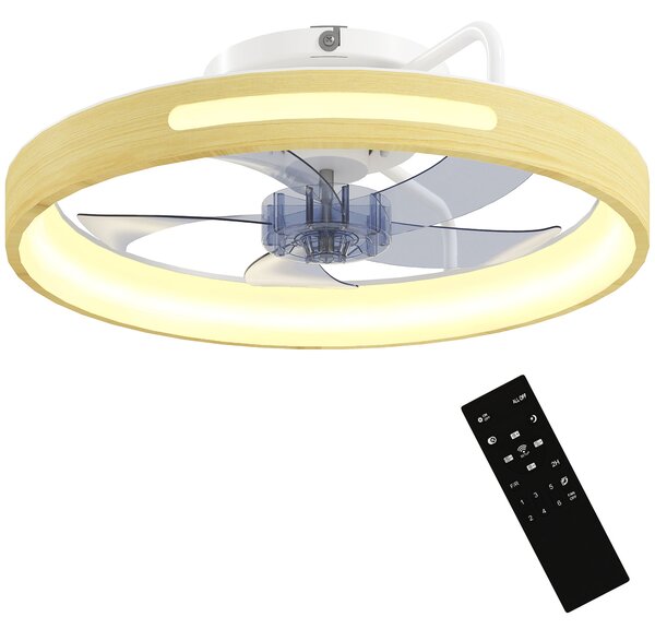 HOMCOM 49 cm LED stropní ventilátor se světlem, 40 W, reverzní DC motor, tichý chod, dálkové ovládání, 6 rychlostí, 3 teploty světla, časovač — přírod