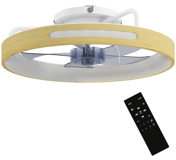 HOMCOM 49 cm LED stropní ventilátor se světlem, 40 W, reverzní DC motor, tichý chod, dálkové ovládání, 6 rychlostí, 3 teploty světla, časovač — přírod