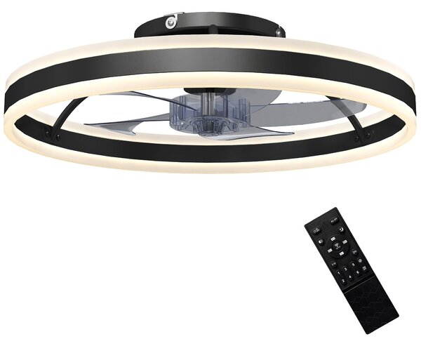 HOMCOM 45W LED stropní ventilátor se světlem, reverzní DC motor, tichý, dálkové ovládání, 6 rychlostí, 3 barevné teploty, časovač, Ø50 cm, černý | Aos