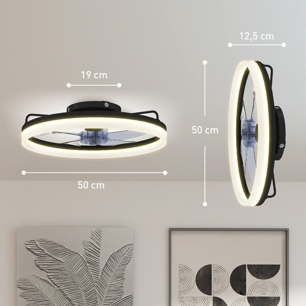 HOMCOM stropní ventilátor s LED 40 W, reverzní DC motor, tichý, dálkové ovládání, 6 rychlostí, 3 barvy světla, časovač, do obývacího pokoje, Ø50 cm, č