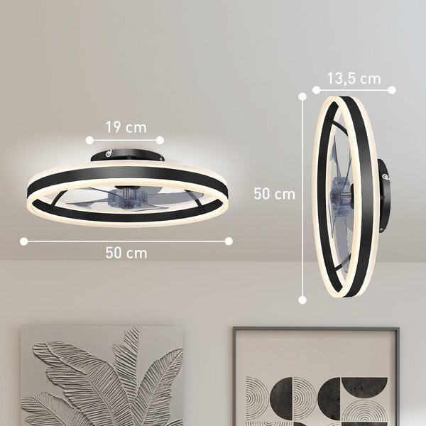 HOMCOM 45W LED stropní ventilátor se světlem, reverzní DC motor, tichý, dálkové ovládání, 6 rychlostí, 3 barevné teploty, časovač, Ø50 cm, černý | Aos