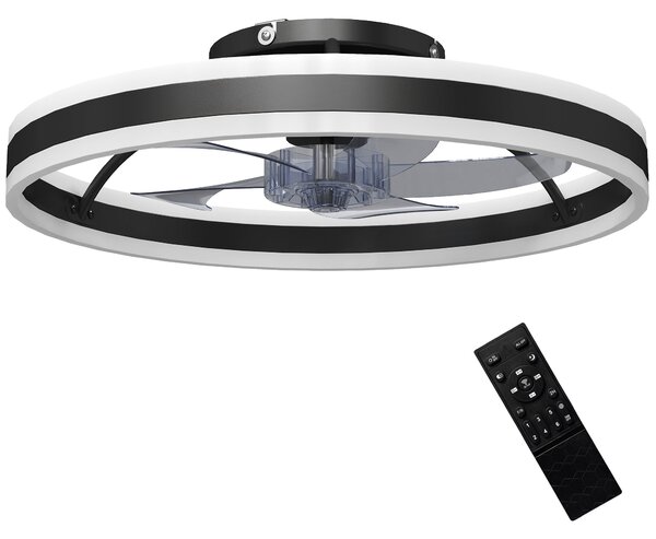 HOMCOM 45W LED stropní ventilátor se světlem, reverzní DC motor, tichý, dálkové ovládání, 6 rychlostí, 3 barevné teploty, časovač, Ø50 cm, černý | Aos