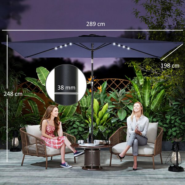 Outsunny slunečník 2,9 × 2,0 m – 24 solárních LED, klika a nastavitelný náklon, kovová tyč, tmavě modrý | Aosom