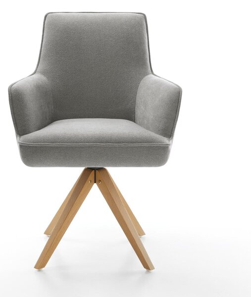 DELIFE Jídelní židle Heira-Flex s područkami strukturovaná látka Měkký šedá dřevěná podnož hranatá přírodní 180° otočný taštičkové pružiny