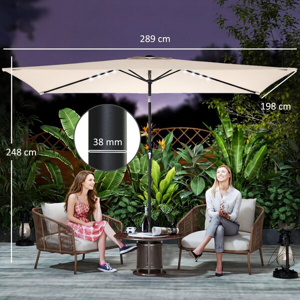 Outsunny venkovní slunečník 2,90 × 2,50 m, 24 solárních LED, naklápěcí, kovová tyč, krémový | Aosom