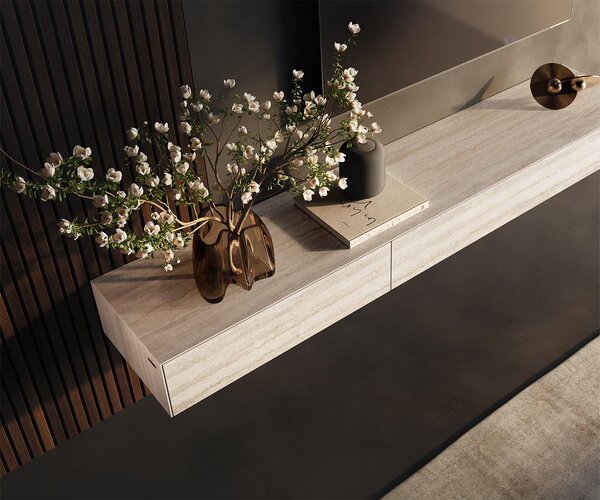 DELIFE TV stolek Cuor 200 cm keramika Laminam® Travertino Bianco krémově bílá 1 výklopná dvířka 1 zásuvka závěsný