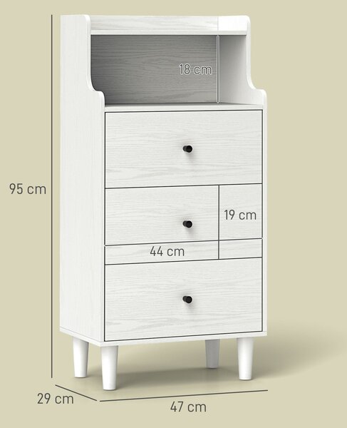 HOMCOM Úzká Komoda se 3 Zásuvkami a Otevřenými Policemi, Bezpečnostní Systém, 47x29x95 cm, Bílá Mramorová | Aosom