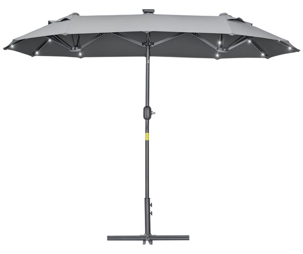 Outsunny Dvojitý slunečník 295x150x219 cm s LED solárními světly, nastavitelné sklopení a manuální klička pro terasu, bazén a pláž, šedý | Aosom