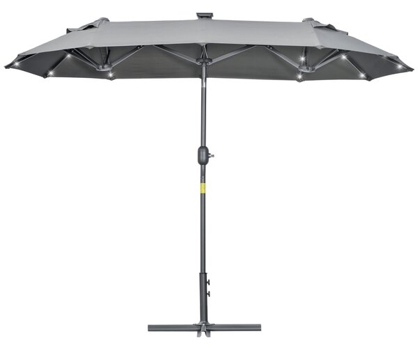 Outsunny Dvojitý slunečník 295x150x219 cm s LED solárními světly, nastavitelné sklopení a manuální klička pro terasu, bazén a pláž, šedý | Aosom