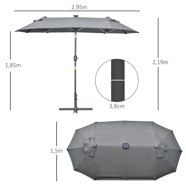 Outsunny Dvojitý slunečník 295x150x219 cm s LED solárními světly, nastavitelné sklopení a manuální klička pro terasu, bazén a pláž, šedý | Aosom