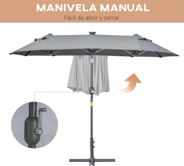 Outsunny Dvojitý slunečník 295x150x219 cm s LED solárními světly, nastavitelné sklopení a manuální klička pro terasu, bazén a pláž, šedý | Aosom