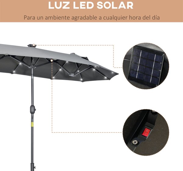 Outsunny Dvojitý slunečník 295x150x219 cm s LED solárními světly, nastavitelné sklopení a manuální klička pro terasu, bazén a pláž, šedý | Aosom