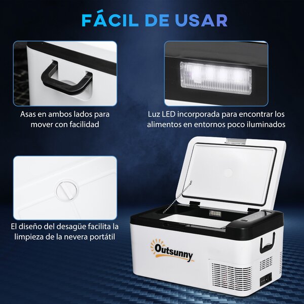 Outsunny Přenosný Elektrický Chladicí Box 18L 12/24V až do -20°C Lednice a Kompresorový Mrazák pro Auto s LED Světlem a Skládacími Rukojeťmi Nízká Spo
