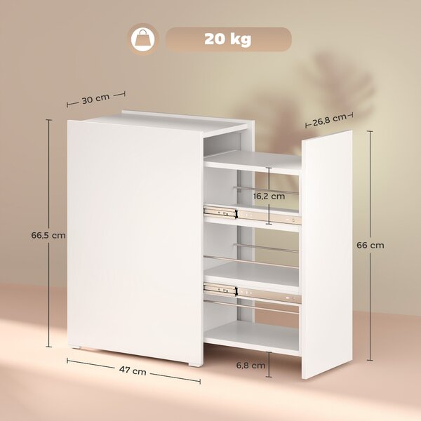HOMCOM Úzká Koupelnová Skříňka s Posuvným Šuplíkem a Kolečky, Koupelnový Nábytek se 3 Přihrádkami, Pomocný Nábytek do Malého Prostory 47x30x66,5 cm Bí