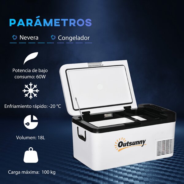 Outsunny Přenosný Elektrický Chladicí Box 18L 12/24V až do -20°C Lednice a Kompresorový Mrazák pro Auto s LED Světlem a Skládacími Rukojeťmi Nízká Spo