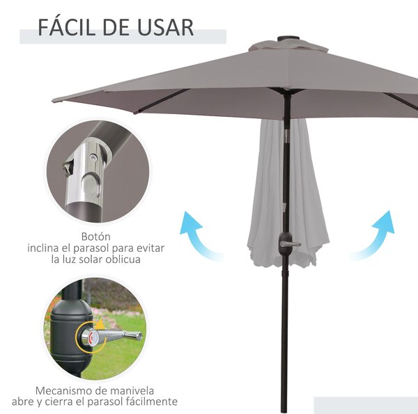 Outsunny Zahradní Slunečník Ø265 cm s 32 Solárními LED Světly, Ocelový Sloupek a Kloubový Mechanismus pro Šedou Terasu | Aosom