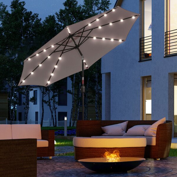 Outsunny Zahradní Slunečník Ø265 cm s 32 Solárními LED Světly, Ocelový Sloupek a Kloubový Mechanismus pro Šedou Terasu | Aosom
