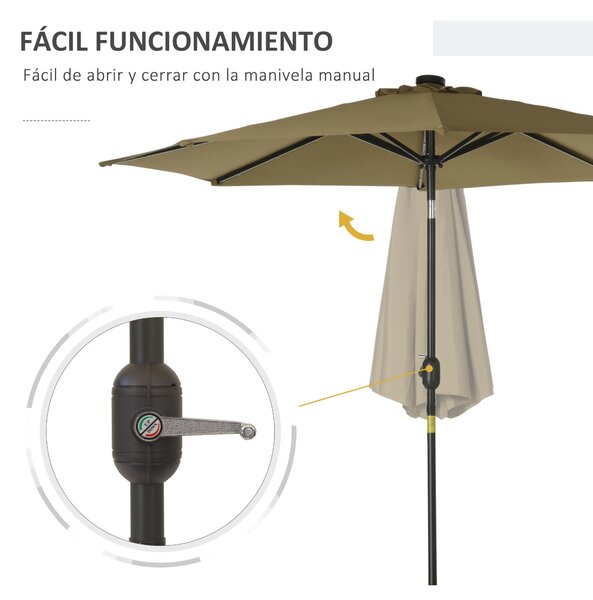 Outsunny Ø268x238 cm Zahradní Slunečník s 24 Solárními LED Světly a Mechanismem Naklápění pro Terasu a Bazén Hnědá | Aosom