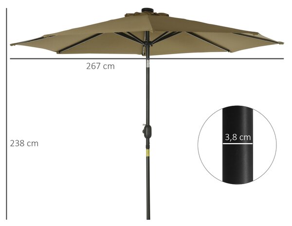 Outsunny Ø268x238 cm Zahradní Slunečník s 24 Solárními LED Světly a Mechanismem Naklápění pro Terasu a Bazén Hnědá | Aosom