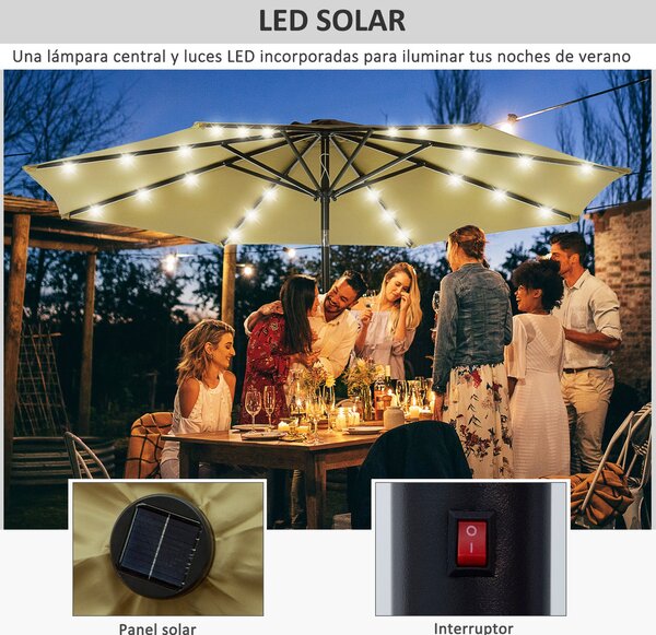 Outsunny Ø268x238 cm Zahradní Slunečník s 24 Solárními LED Světly a Mechanismem Naklápění pro Terasu a Bazén Hnědá | Aosom