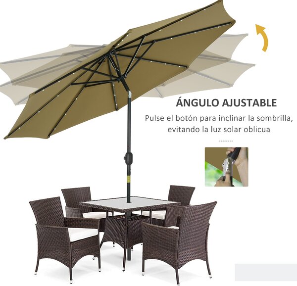 Outsunny Ø268x238 cm Zahradní Slunečník s 24 Solárními LED Světly a Mechanismem Naklápění pro Terasu a Bazén Hnědá | Aosom