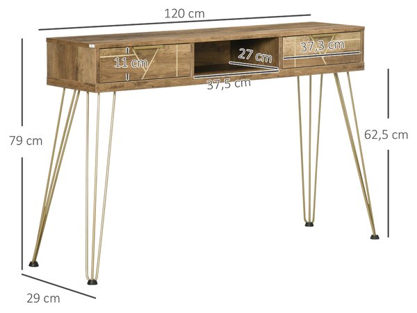 Konzolový stolek HOMCOM s 2 zásuvkami, otevřenou policí a ocelovými nohami pro obývací pokoj a předsíň, moderní styl 120x29x79 cm, bronzový | Aosom