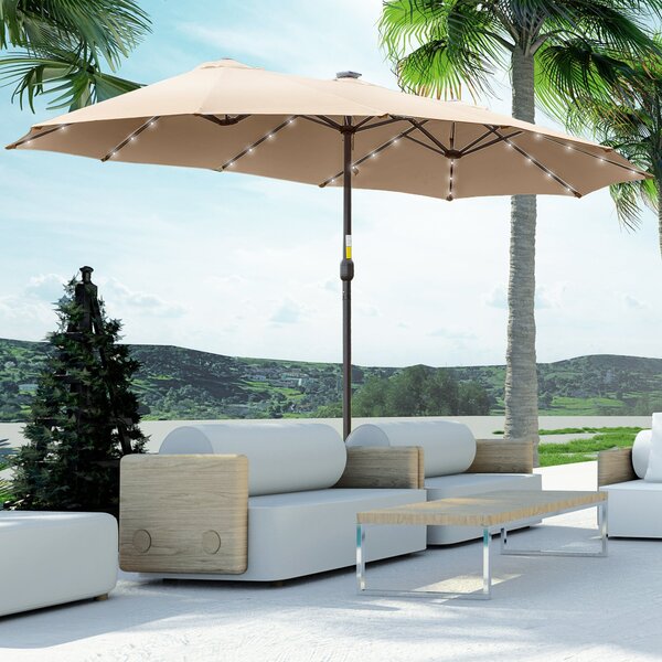 Outsunny Dvoukřídlý Zahradní Slunečník s 48 Solárními LED Světly 450x265x240 cm Slunečník s Kličkou na Terasu, Balkon, Koupaliště Khaki | Aosom