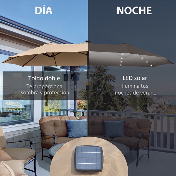 Outsunny Dvoukřídlý Zahradní Slunečník s 48 Solárními LED Světly 450x265x240 cm Slunečník s Kličkou na Terasu, Balkon, Koupaliště Khaki | Aosom