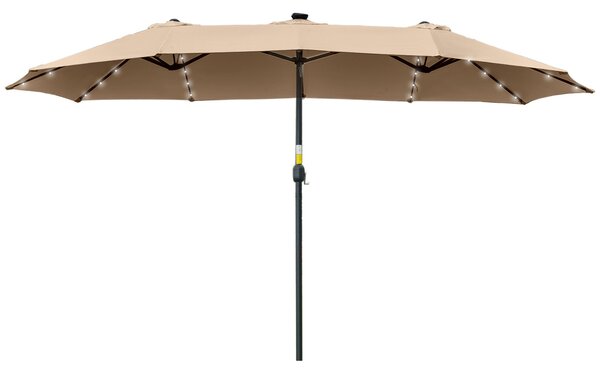 Outsunny Dvoukřídlý Zahradní Slunečník s 48 Solárními LED Světly 450x265x240 cm Slunečník s Kličkou na Terasu, Balkon, Koupaliště Khaki | Aosom
