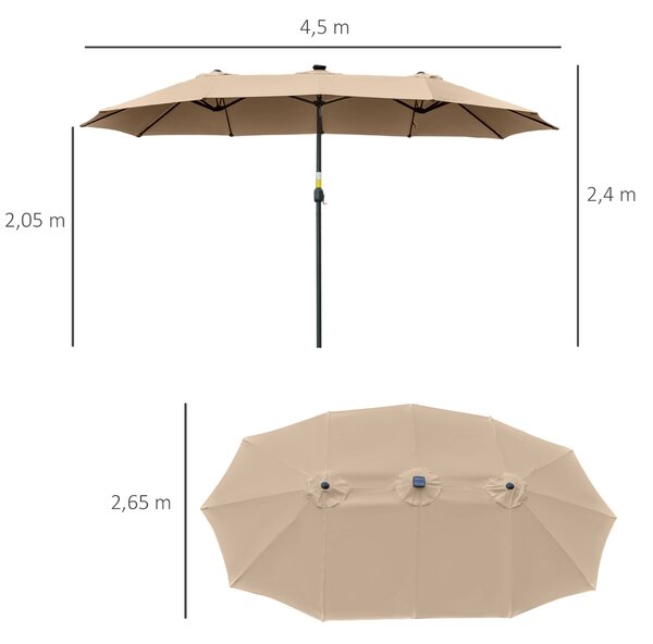 Outsunny Dvoukřídlý Zahradní Slunečník s 48 Solárními LED Světly 450x265x240 cm Slunečník s Kličkou na Terasu, Balkon, Koupaliště Khaki | Aosom
