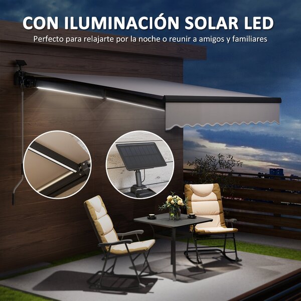 Outsunny Ruční Skládací Markýza 3x2,5m se Solárními LED Světly pro Balkon s Hliníkovým Kloubem a UV50+ Ochrannou pro Zahradní Terasy a Okna Krémová |