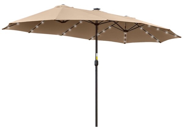 Outsunny Dvoukřídlý Zahradní Slunečník s 48 Solárními LED Světly 450x265x240 cm Slunečník s Kličkou na Terasu, Balkon, Koupaliště Khaki | Aosom