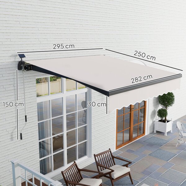 Outsunny Ruční Skládací Markýza 3x2,5m se Solárními LED Světly pro Balkon s Hliníkovým Kloubem a UV50+ Ochrannou pro Zahradní Terasy a Okna Krémová |