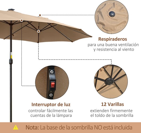 Outsunny Dvoukřídlý Zahradní Slunečník s 48 Solárními LED Světly 450x265x240 cm Slunečník s Kličkou na Terasu, Balkon, Koupaliště Khaki | Aosom