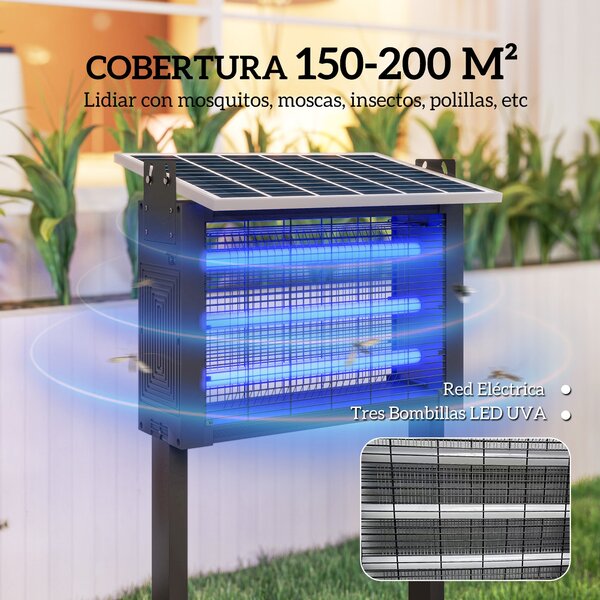 Outsunny Elektrická Lampa na Komáry s LED Světly - Elektrický Zabiják Komárů 25W pro Venkovní Použití s Pokrytím 200 m² a Nastavitelným Solárním Panel