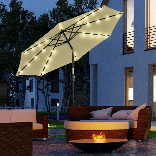 Zahradní slunečník Outsunny Ø265 cm s 32 solárními LED světly, ocelový sloupek a klička, sklápěcí slunečník na terasu | Aosom