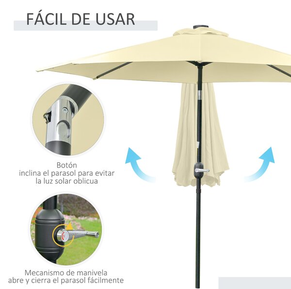 Zahradní slunečník Outsunny Ø265 cm s 32 solárními LED světly, ocelový sloupek a klička, sklápěcí slunečník na terasu | Aosom