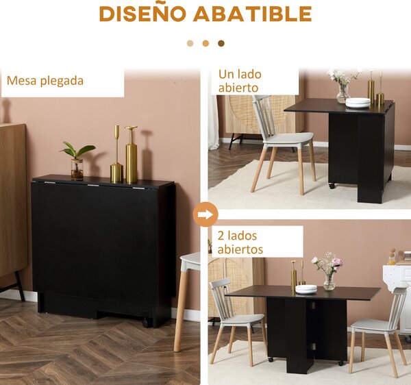 Skládací jídelní stůl HOMCOM s kolečky, skládacími křídly a policemi pro 4-6 osob 75x140x74 cm černý | Aosom