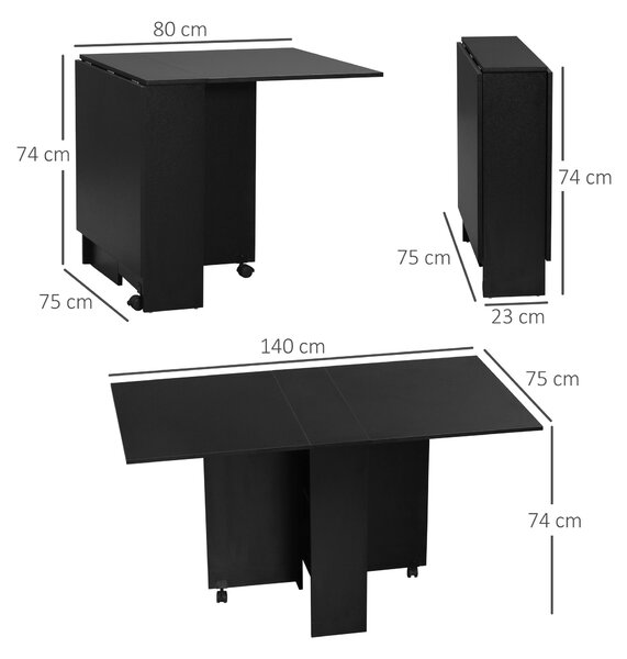 Skládací jídelní stůl HOMCOM s kolečky, skládacími křídly a policemi pro 4-6 osob 75x140x74 cm černý | Aosom