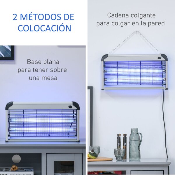 Outsunny Elektrická Lampa na Hmyz 30W - Zabití Mnohonožců s UV Světlem, Pokrytí 60 m² pro Zahradu, Terasu, Zastřešení, Rozměry 48,5x8,5x26,5 cm, Stříb