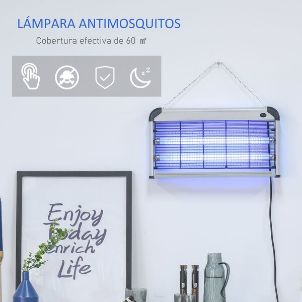 Outsunny Elektrická Lampa na Hmyz 30W - Zabití Mnohonožců s UV Světlem, Pokrytí 60 m² pro Zahradu, Terasu, Zastřešení, Rozměry 48,5x8,5x26,5 cm, Stříb